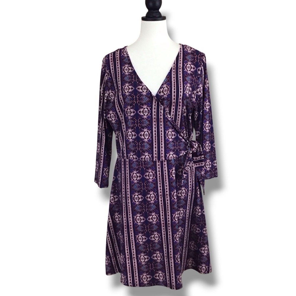 Pink Rose Bohemian V-Neck Faux Wrap Dress L‎ Blue Pink